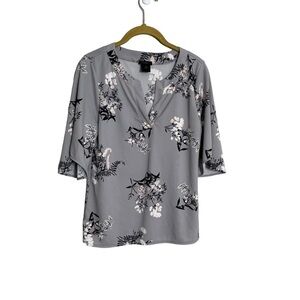 Ann Taylor Gray Floral Split Neck Blouse XS